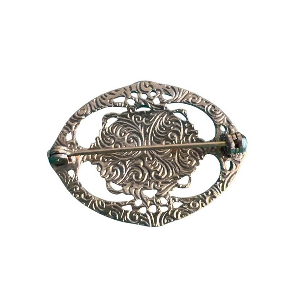 Vintage 90s 1928 Gold Tone Brooch Pin Faux Pearl Cabochon Openwork 1.5" Across - Picture 4 of 4